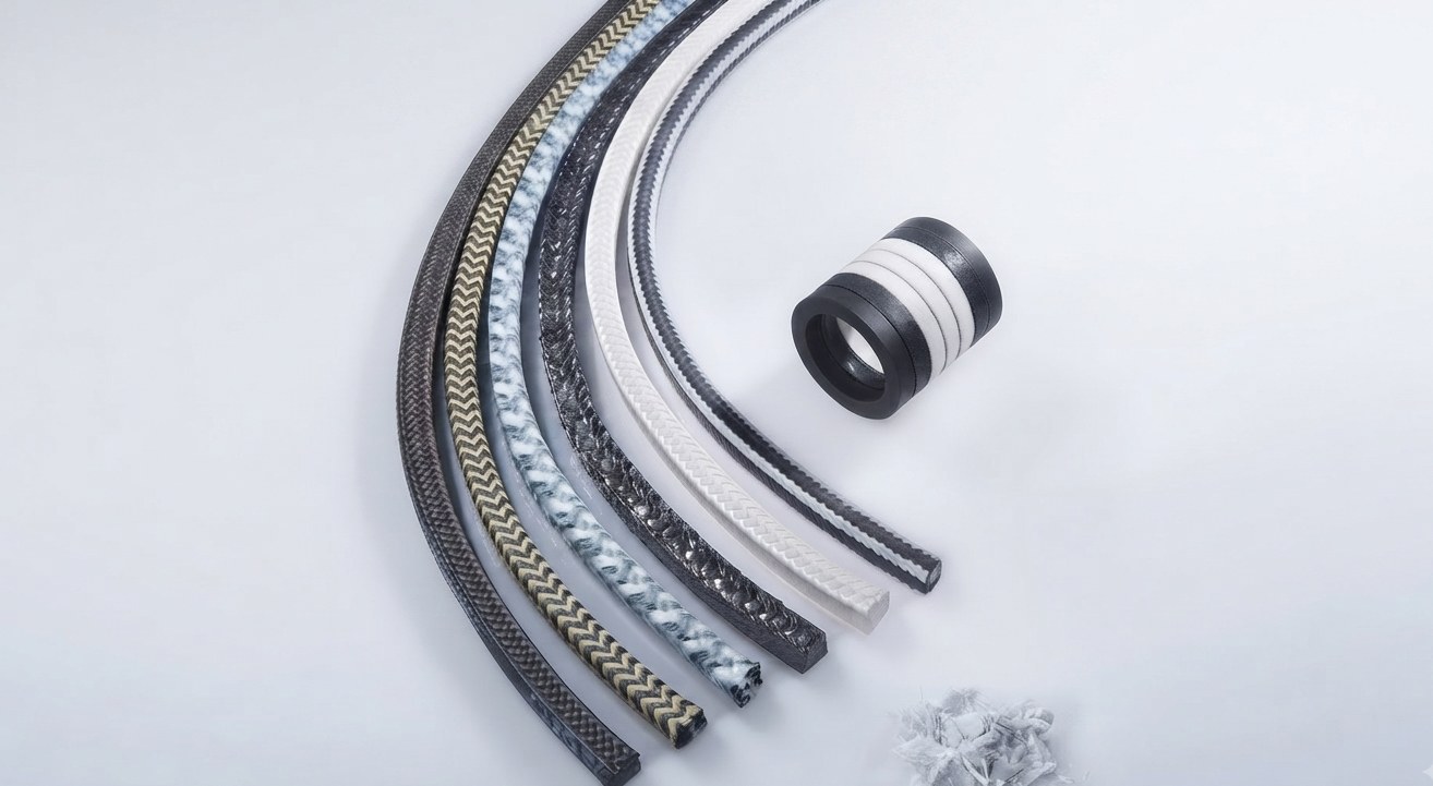 Range of braided compression packings in PTFE, graphite, aramid and carbon fibre, with a set of packing rings